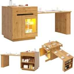 BTM Kitchen Island with Extendable Table LED Storage in Brown - thumbnail 7