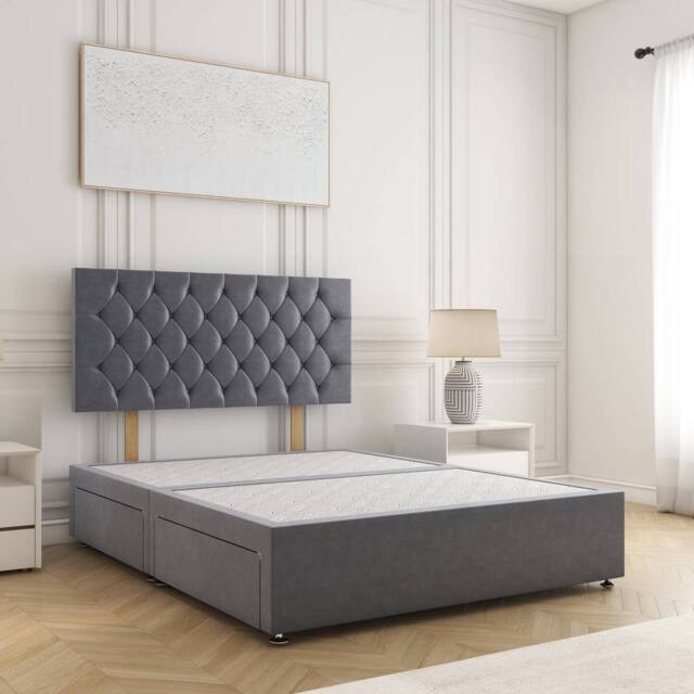 "BSSPOKE Mia Divan Bed Plush 24"" Headboard 2 Drawers Same Side & No Mattress in Charcoal - Size: Double" - image 1