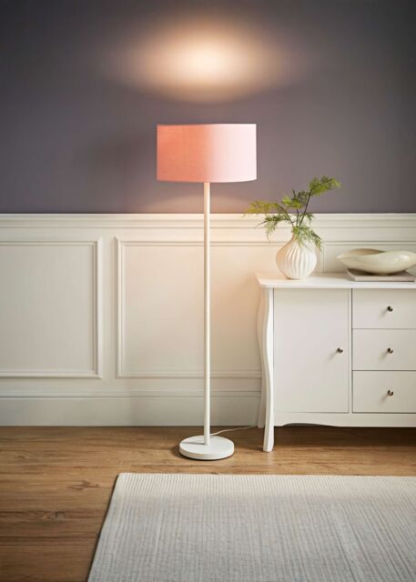 ValueLights Charlie White Metal Single Stem Floor Lamp with Fabric Drum Lamp Shade in Dusty Pink - image 1