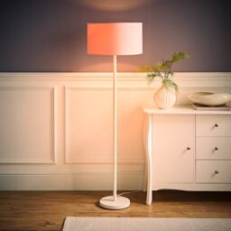 ValueLights Charlie White Metal Single Stem Floor Lamp with Fabric Drum Lamp Shade in Dusty Pink - thumbnail 3