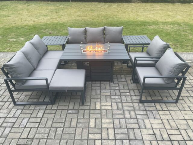 Fimous Aluminium Outdoor Garden Furniture Set Patio Lounge Sofa Gas Fire Pit Dining Table Set with Big Footstool 2 Side Tables Dark Grey - image 1