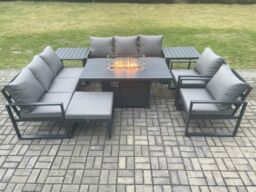 Fimous Aluminium Outdoor Garden Furniture Set Patio Lounge Sofa Gas Fire Pit Dining Table Set with Big Footstool 2 Side Tables Dark Grey - thumbnail 1
