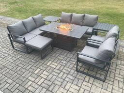Fimous Aluminium Outdoor Garden Furniture Set Patio Lounge Sofa Gas Fire Pit Dining Table Set with Big Footstool 2 Side Tables Dark Grey - thumbnail 2