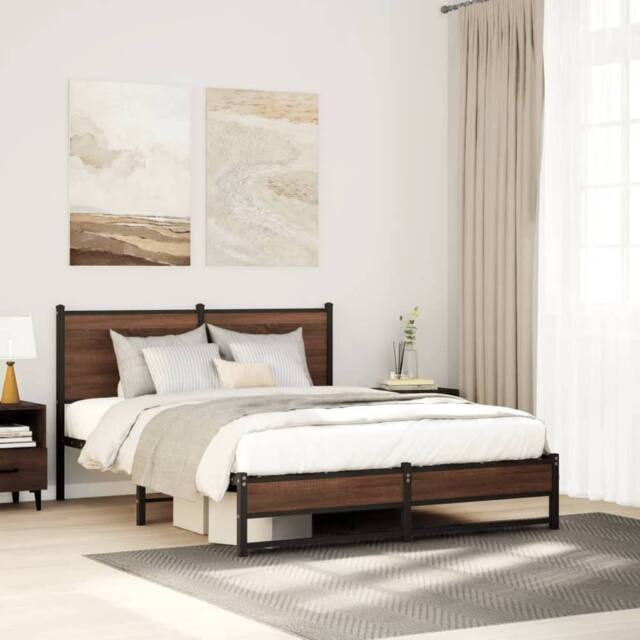 Berkfield Home Metal Bed Frame without Mattress Brown Oak 140x190 cm - image 1