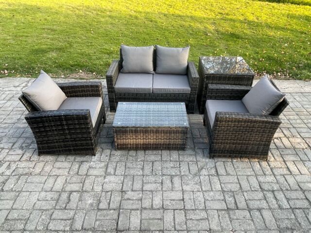 Fimous Outdoor Lounge Sofa Set Wicker PE Rattan Garden Furniture Set with Coffee Table Double Seat Sofa Side Table in Dark Grey
