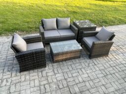 Fimous Outdoor Lounge Sofa Set Wicker PE Rattan Garden Furniture Set with Coffee Table Double Seat Sofa Side Table in Dark Grey - thumbnail 2