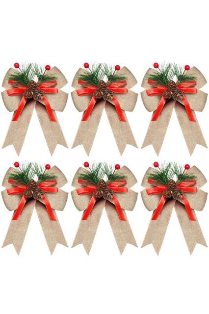 Living and Home 6 Pack Gold Christmas Tree Topper Bows with Pinecones, Green Pine Needles & Red Berries - image 1