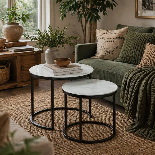 Wyld Haus Sosuri Set of 2 Round Nesting Tables Powder Coated Steel Frame in White - image 1