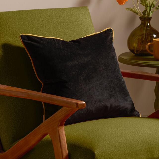 Furn Meridian Plain Velvet Piped Cushion in True Black - Size: 55 cm x 55 cm - image 1