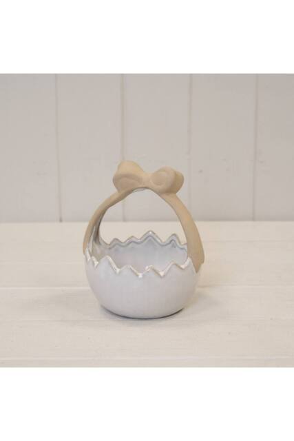 KDMD Ceramic Easter Egg Basket White Glazed with Unglazed Bow Handle - 15mm - image 1