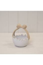 KDMD Ceramic Easter Egg Basket White Glazed with Unglazed Bow Handle - 15mm - thumbnail 1
