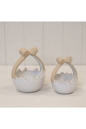 KDMD Ceramic Easter Egg Basket White Glazed with Unglazed Bow Handle - 15mm - thumbnail 2