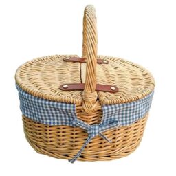 Red Hamper Wicker Childs Picnic Basket with Blue lining in Brown