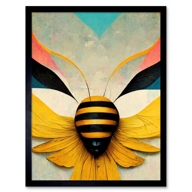 "Artery8 Wall Art Print Abstract Bumble Bee Heart Painting Contemporary Yellow Black Beige Blue Coral Pink Art Framed - Size: W12"" x H16""" - image 1