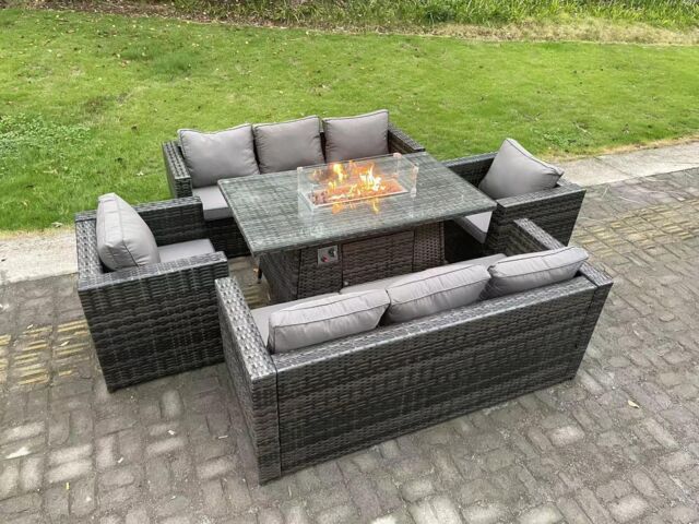 Fimous 8 Seater Rattan Garden Furniture Sofa Set Outdoor Patio Gas Fire Pit Dining Table Gas Heater Burner in Dark Grey - image 1
