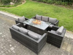 Fimous 8 Seater Rattan Garden Furniture Sofa Set Outdoor Patio Gas Fire Pit Dining Table Gas Heater Burner in Dark Grey - thumbnail 3