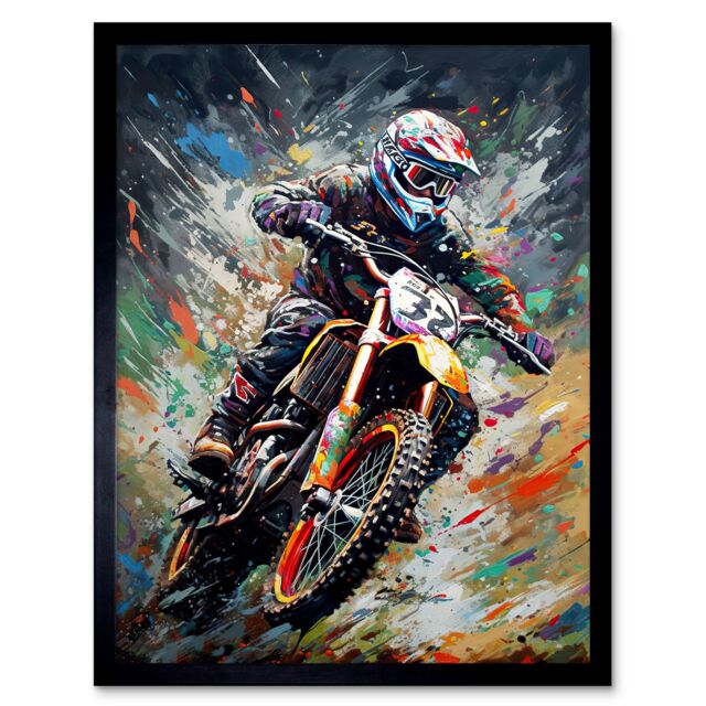 "Artery8 Wall Art Print Motocross Race Action Shot Paint Splat Portrait Art Framed in Black - Size: W12"" x H16""" - image 1