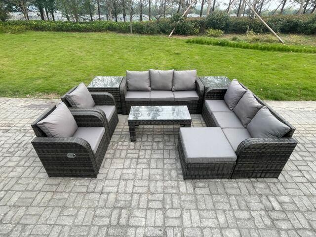 Fimous 9 Seater Wicker PE Rattan Sofa Set Outdoor Patio Garden Furniture with 2 Reclining Chairs Coffee Table 2 Side Tables Big Footstool in Dark Grey - image 1