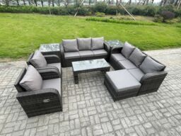 Fimous 9 Seater Wicker PE Rattan Sofa Set Outdoor Patio Garden Furniture with 2 Reclining Chairs Coffee Table 2 Side Tables Big Footstool in Dark Grey - thumbnail 2