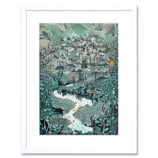 "Artery8 Wall Art Print Village Near River Forest Landscape Blue Linocut Artwork Framed 9X7 Inch in White - Size: W7"" x H9""" - image 1