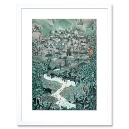 "Artery8 Wall Art Print Village Near River Forest Landscape Blue Linocut Artwork Framed 9X7 Inch in White - Size: W7"" x H9""" - thumbnail 1