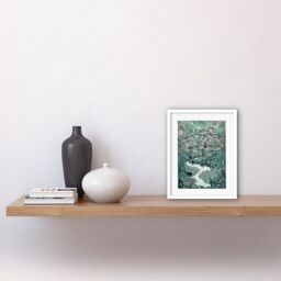 "Artery8 Wall Art Print Village Near River Forest Landscape Blue Linocut Artwork Framed 9X7 Inch in White - Size: W7"" x H9""" - thumbnail 2