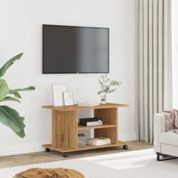 Berkfield Home TV Cabinet with Castors Artisan Oak 80x40x45 cm Engineered Wood in Brown - Size: 80 x 40 x 45 cm - thumbnail 3