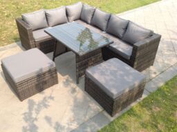 Fimous 8 Seater Rattan Corner Sofa Set Dining Table 2 Big Footstool Garden Furniture Outdoor in Dark Grey - thumbnail 4