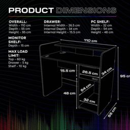 X Rocker Electra 110cm LED Gaming Desk with Wireless Charging & Drawer in Black - thumbnail 8