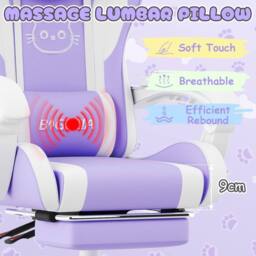 Gartistgo Gaming Chair with Cat Ears, Massage Lumbar Support & Footrest in Lilac - thumbnail 3