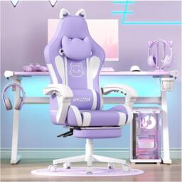 Gartistgo Gaming Chair with Cat Ears, Massage Lumbar Support & Footrest in Lilac - thumbnail 1