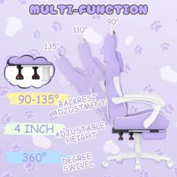 Gartistgo Gaming Chair with Cat Ears, Massage Lumbar Support & Footrest in Lilac - thumbnail 6