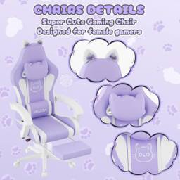 Gartistgo Gaming Chair with Cat Ears, Massage Lumbar Support & Footrest in Lilac - thumbnail 7