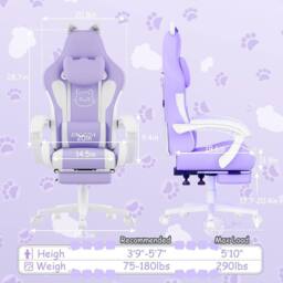 Gartistgo Gaming Chair with Cat Ears, Massage Lumbar Support & Footrest in Lilac - thumbnail 2