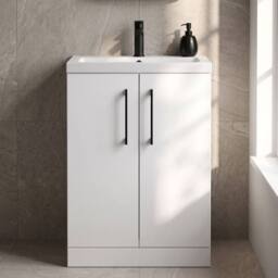 Balterley Bathroom Vanity Basin Unit, Black Handles, 600mm, Gloss White - thumbnail 4