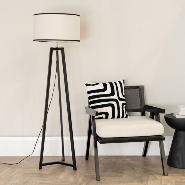ValueLights Lottie Black Wood Tripod Floor Lamp with Linen Black Trim Drum Lamp Shade - image 1