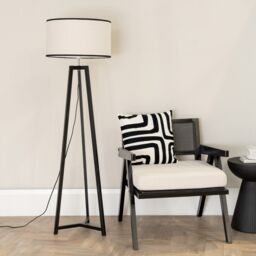 ValueLights Lottie Black Wood Tripod Floor Lamp with Linen Black Trim Drum Lamp Shade