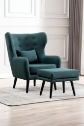 More4Homes Winslow Wing Back Fabric Occasional Button Back Armchair w Footstool in Dark Green - thumbnail 1