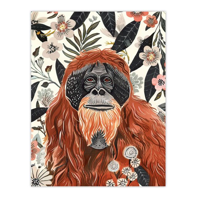 "Artery8 Orangutan in Floral Jungle Bright Watercolour Wall Art Print in Orange - Size: W24"" x H32""" - image 1