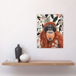 "Artery8 Orangutan in Floral Jungle Bright Watercolour Wall Art Print in Orange - Size: W24"" x H32""" - thumbnail 4