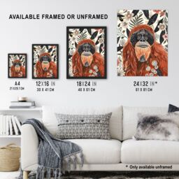 "Artery8 Orangutan in Floral Jungle Bright Watercolour Wall Art Print in Orange - Size: W24"" x H32""" - thumbnail 3