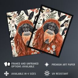 "Artery8 Orangutan in Floral Jungle Bright Watercolour Wall Art Print in Orange - Size: W24"" x H32""" - thumbnail 2
