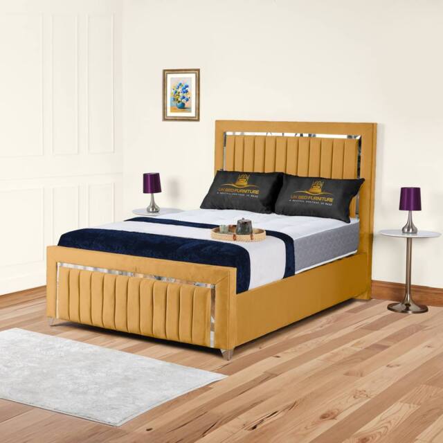 UK Bed Furniture Chrome Edge Slatted Base Upholstered Bed Frame with 48-inch Headboard in Mustard - Size: King - image 1