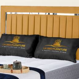 UK Bed Furniture Chrome Edge Slatted Base Upholstered Bed Frame with 48-inch Headboard in Mustard - Size: King - thumbnail 2