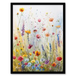 "Artery8 Spring Wildflower Meadow Watercolour Painting Framed Art Print in Green - Size: W12"" x H16""" - thumbnail 1
