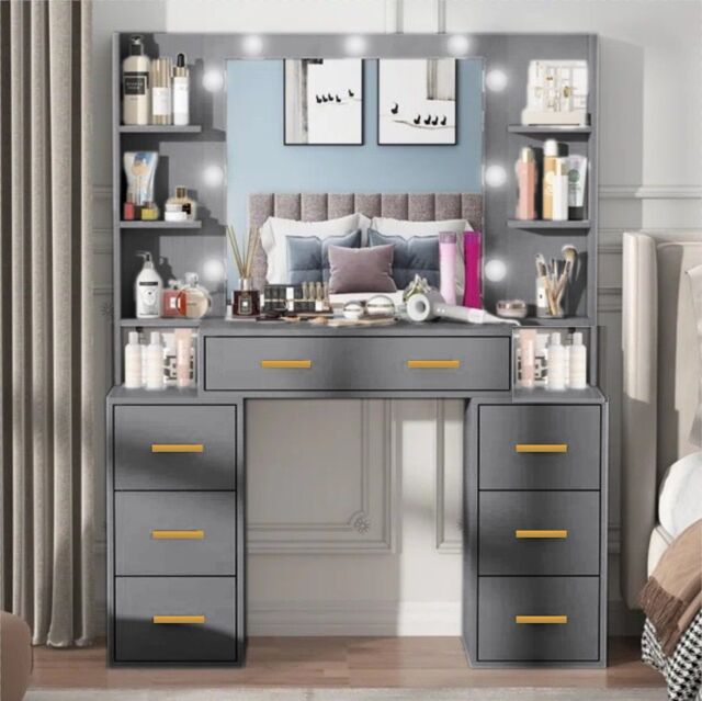 RAC3 Luxury Vanity Makeup Table, LED Lights Large Storage Drawers & Mirror in Grey - image 1