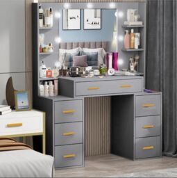 RAC3 Luxury Vanity Makeup Table, LED Lights Large Storage Drawers & Mirror in Grey - thumbnail 2