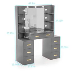 RAC3 Luxury Vanity Makeup Table, LED Lights Large Storage Drawers & Mirror in Grey - thumbnail 3
