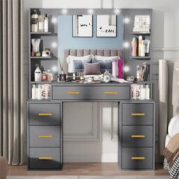 RAC3 Luxury Vanity Makeup Table, LED Lights Large Storage Drawers & Mirror in Grey - thumbnail 1