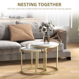 HOMCOM 2 Pcs Coffee Table with Faux Marble Tabletop White - thumbnail 4